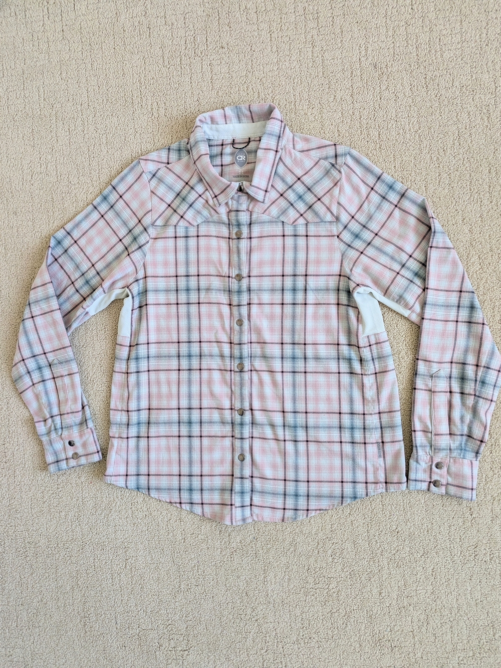 Club Ride Flannel Shirt Women L Pink Plaid Cycling Pearl Snap Active Ventilated